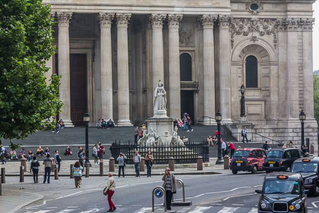 The Queen Anne monument in front of St Paul's. The cathedral was completed in 1708 during Queen Anne's reign.